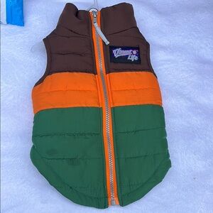 Brown, Orange, and Green Puffer Vest